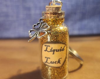 Handmade Glass Bottle Liquid Luck Keychain with Shamrock Lucky Charm for Good Luck and St. Patrick's Day