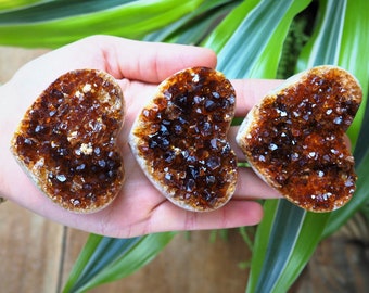 Dark Deep Orange Citrine Hearts, Druzy Cluster Cute Quartz Golden Yellow Crystal Manifesting Abundance Prosperity Wealth Healing Stones