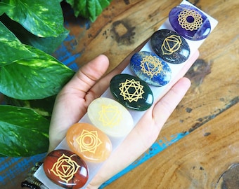Carved Chakra Kit w Selenite Charging Slab, Gold Carved Symbols Crown Third Throat Heart Solar Sacral Root Worry Stones Palm Rainbow Align
