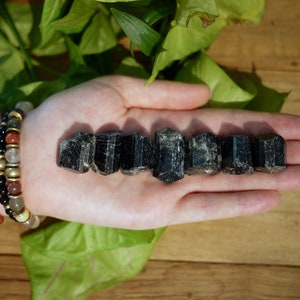 May include: A hand holds seven raw, black tourmaline crystals. The crystals are rough-hewn and have a dark, opaque appearance. A collection of beaded bracelets in various colors and textures is visible in the background, along with green foliage.