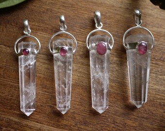 Clear Quartz Point Pendant w/ Pink Tourmaline Accent in Sterling Silver, Quartz Generator Necklace, Healing Jewelry for Crown & Heart Chakra