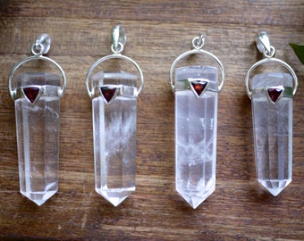 Clear Quartz Pendant w/ Garnet Accent in Sterling Silver, Quartz Necklace, Healing Jewelry for Crown & Heart Chakra