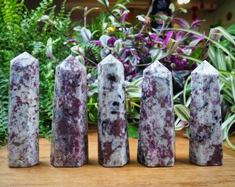 Bellissime torri di rubellite, pietre matrice di quarzo tormalina, punte di pietra di cristallo curative per il chakra del cuore, la passione e il prana, con radice viola fumé.