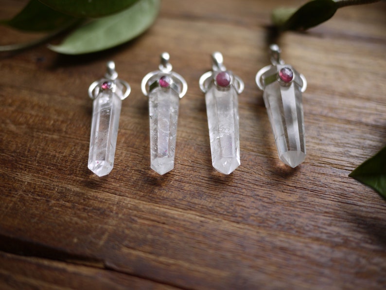 Clear Quartz Point Pendant w Pink Tourmaline Accent in Sterling Silver Healing Jewelry for Crown /& Heart Chakra Quartz Generator Necklace