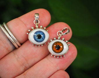 Glass Eye Sterling Silver Pendant, 925 Silver, Blue Eye, Brown Eye, Purple Eye, Green Eye, Necklace, Jewelry, Jewellery, Third Eye