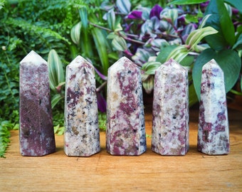 Bellissime torri di rubellite, pietre matrice di quarzo tormalina, punte di pietra di cristallo curative per il chakra del cuore, la passione e il prana, con radice viola fumé.