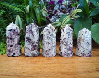 Bellissime torri di rubellite, pietre matrice di quarzo tormalina, punte di pietra di cristallo curative per il chakra del cuore, la passione e il prana, con radice viola fumé.