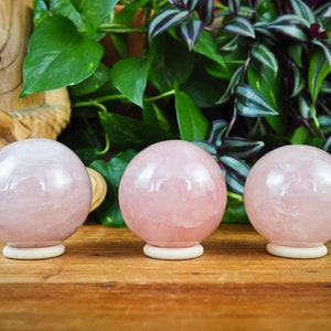 Può includere: Tre sfere di quarzo rosa lucido, ciascuna su un piccolo supporto rotondo bianco sporco. Le sfere sono di un colore rosa tenue e riflettono la luce. Lo sfondo comprende piante verdi e viola e un'intaglio in legno.