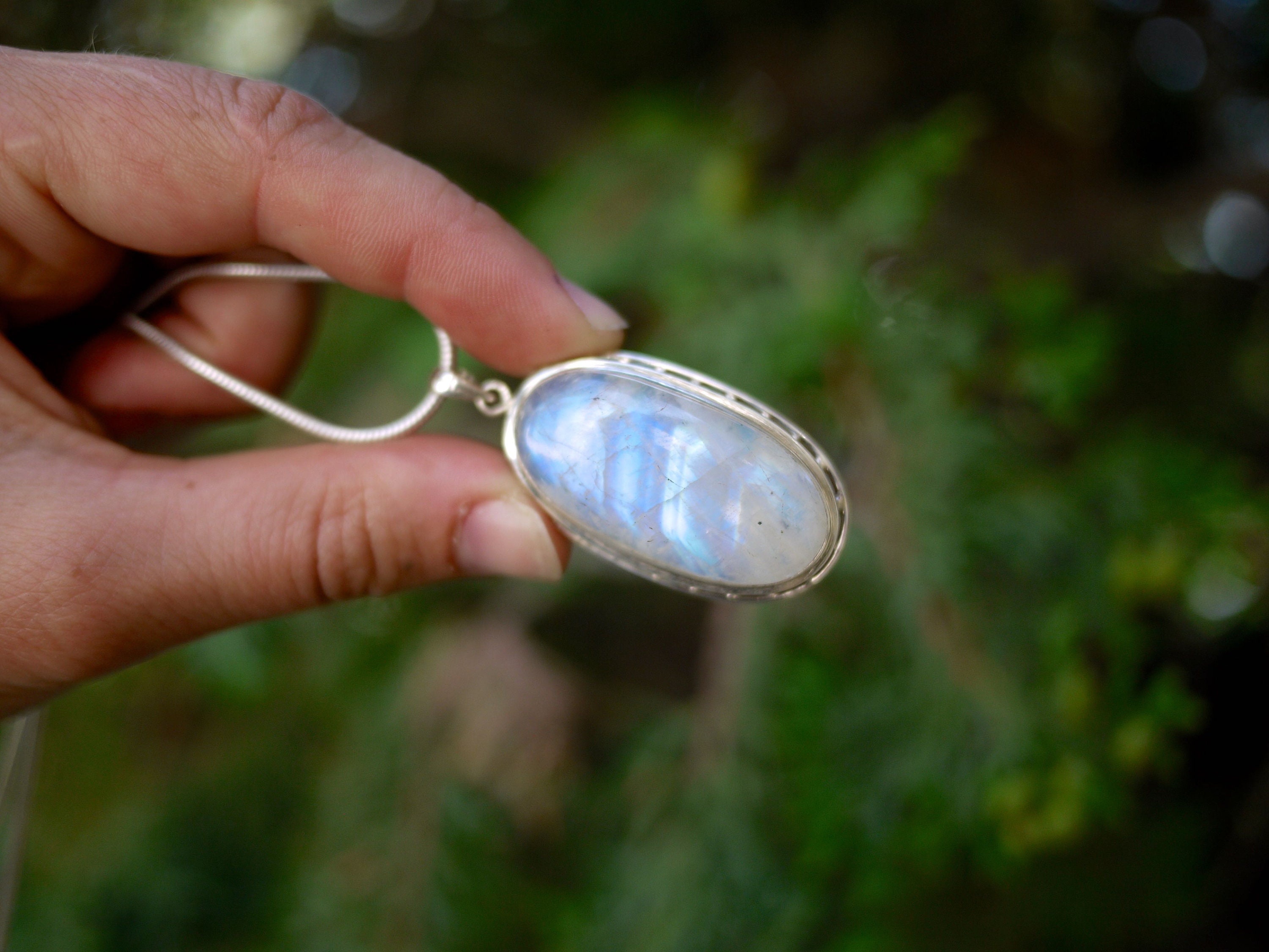 Blue Flash Moonstone Pendant, Oval Rainbow Sterling Silver Necklace Gift Present Women Feminine Energy Healing Crystal Stone Jewelry Perfect