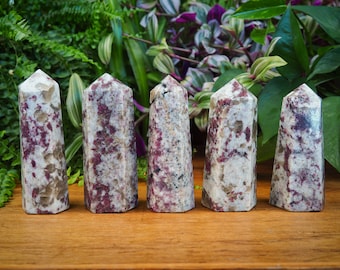 Bellissime torri di rubellite, pietre matrice di quarzo tormalina, punte di pietra di cristallo curative per il chakra del cuore, la passione e il prana, con radice viola fumé.
