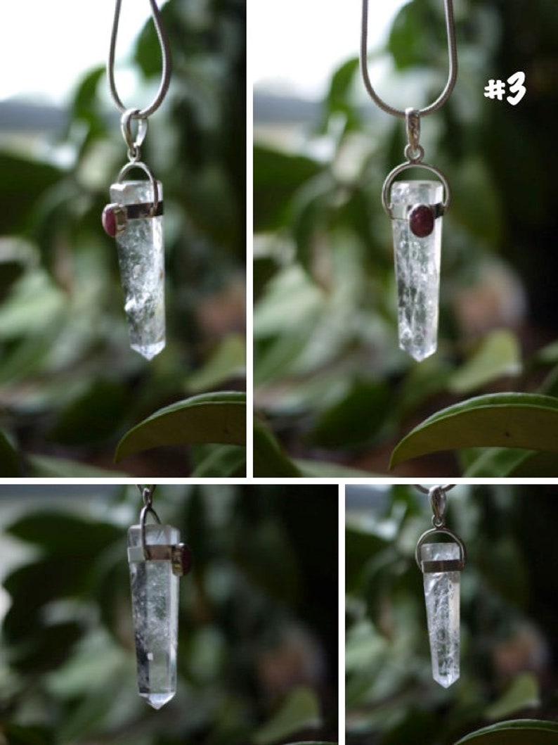 Clear Quartz Point Pendant w Pink Tourmaline Accent in Sterling Silver Healing Jewelry for Crown /& Heart Chakra Quartz Generator Necklace