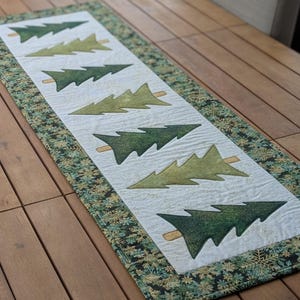 Op de afbeelding: Een rechthoekige kersttafelloper met een herhalend patroon van groene kerstbomen op een witte achtergrond. De loper is afgezet met een groen en goudkleurig sneeuwvlokpatroon, wat een feestelijke touch toevoegt aan de feestdagen.