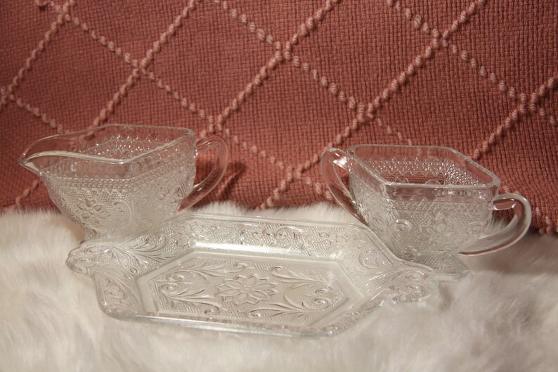 3 Piece Vintage Glass Cream, Sugar, Tray Set. Pressed Glass, Vintage