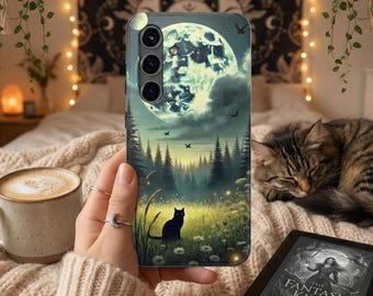 Witchy schwarze Katze Mond Handyhülle | Mystische Wald Cottagecore Ästhetik | Celestial Dark Fantasy Hülle für iPhones und Samsung Handys