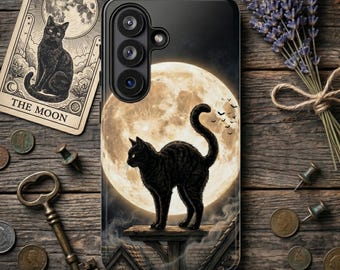 Gothic Katze & Vollmond Handyhülle Witchy Dark Cottagecore Abdeckung iPhone 17 16 15 14 13 12 11 Samsung S26 S25 S24 S23 S22 Google Pixel
