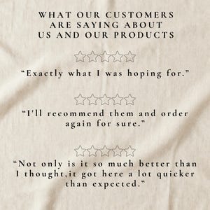 K&ouml;nnte beinhalten: Ein beigefarbener Stoffhintergrund mit dem schwarzen Text WHAT OUR CUSTOMERS ARE SAYING ABOUT US AND OUR PRODUCTS, gefolgt von drei Reihen mit f&uuml;nf umrandeten Sternen und drei Kundenbewertungen in Anf&uuml;hrungszeichen.