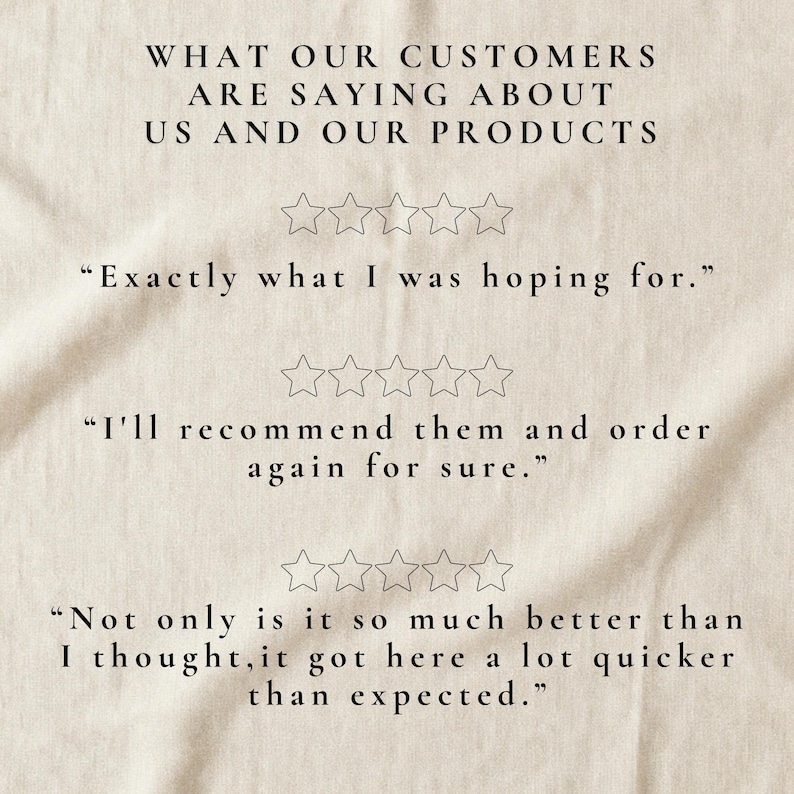 K&ouml;nnte beinhalten: Ein beigefarbener Stoffhintergrund mit dem schwarzen Text WHAT OUR CUSTOMERS ARE SAYING ABOUT US AND OUR PRODUCTS, gefolgt von drei Reihen mit f&uuml;nf umrandeten Sternen und drei Kundenbewertungen in Anf&uuml;hrungszeichen.