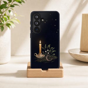 Handyhülle mit himmlischem Kerzenmotiv, Mond, Sterne, Hexen-Cottagecore-Stil und Mistelzweig, passend für iPhone 17, 16, 15, 14, 13, 12, 11, Samsung S26, S25, S24, S23 und Google Pixel