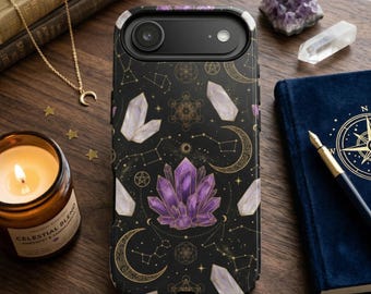 Crystal and Stars Phone Case Mystical Gemstone Celestial iPhone 17 16 15 14 13 12 11 Samsung S26 S25 S24 Google Pixel Crystal Lover Geschenk