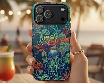 Bunte Quallen Muster Handyhülle, Robuste Handyhülle, iPhone, Google Galaxy, Pixel, Geschenk für Sie, Niedliches Phonecase, Wassermann Geschenk, Galentiner Geschenk