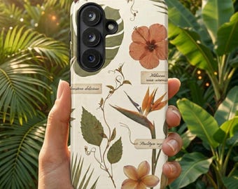 Tropische botanische Handyhülle | Vintage Hibiskus Monstera Paradiesvogel, iPhone 17 16 15 14 13 12 11 Samsung S26 S25 S24 S23 Google Pixel