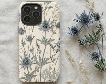 Gepresste Blue Distle Handyhülle | Vintage Cottagecore Sea Holly Wildblume | iPhone 17 16 15 14 13 12 11 Samsung S26 S25 S24 S23 Pixel