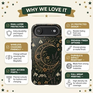 K&ouml;nnte beinhalten: Eine schwarze Handyh&uuml;lle mit goldenem Halbmond- und Blumenmuster. Das Bild enth&auml;lt den Text: WHY WE LOVE IT, DUAL-LAYER PROTECTION, WIRELESS CHARGING FRIENDLY, EASY ACCESS PORTS, UV PROTECTED DESIGN, PREMIUM FINISH OPTIONS, DURABLE & IMPACT RESISTANT, FULL-WRAP PRINTING.