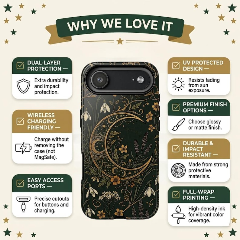 K&ouml;nnte beinhalten: Eine schwarze Handyh&uuml;lle mit goldenem Halbmond- und Blumenmuster. Das Bild enth&auml;lt den Text: WHY WE LOVE IT, DUAL-LAYER PROTECTION, WIRELESS CHARGING FRIENDLY, EASY ACCESS PORTS, UV PROTECTED DESIGN, PREMIUM FINISH OPTIONS, DURABLE & IMPACT RESISTANT, FULL-WRAP PRINTING.