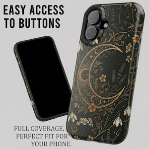 K&ouml;nnte beinhalten: Eine dunkelgr&uuml;ne Handyh&uuml;lle mit einer goldenen Mondsichel und floralen botanischen Illustrationen. Der Text "EASY ACCESS TO BUTTONS" und "FULL COVERAGE. PERFECT FIT FOR YOUR PHONE." ist neben der Handyh&uuml;lle und einem leeren Display zu sehen.