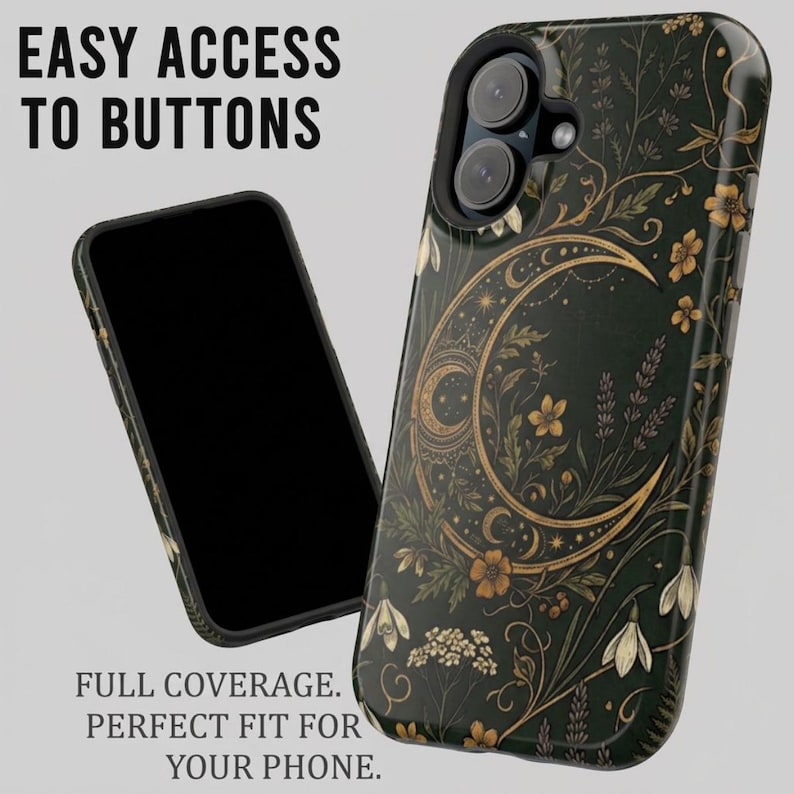 K&ouml;nnte beinhalten: Eine dunkelgr&uuml;ne Handyh&uuml;lle mit einer goldenen Mondsichel und floralen botanischen Illustrationen. Der Text "EASY ACCESS TO BUTTONS" und "FULL COVERAGE. PERFECT FIT FOR YOUR PHONE." ist neben der Handyh&uuml;lle und einem leeren Display zu sehen.