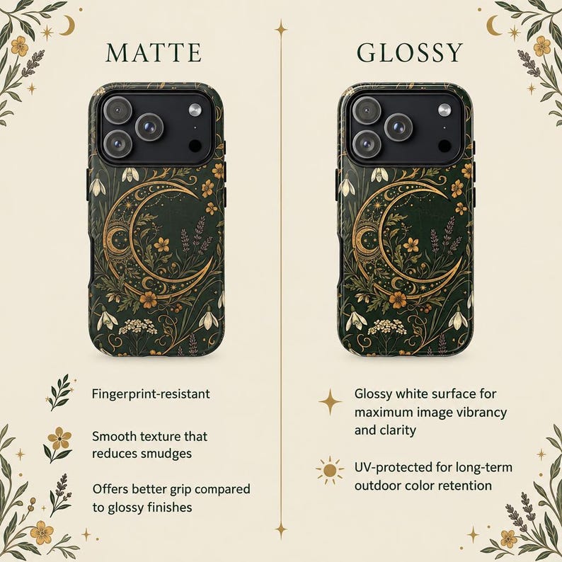 K&ouml;nnte beinhalten: Zwei Handyh&uuml;llen mit dunkelgr&uuml;nem Hintergrund, goldenem Halbmond und Blumenmuster. Eine H&uuml;lle ist als Matte gekennzeichnet, ist fingerabdruckresistent und hat eine glatte Textur. Die andere ist als Glossy gekennzeichnet, mit wei&szlig;er Oberfl&auml;che f&uuml;r Farbbrillanz und UV-Schutz.