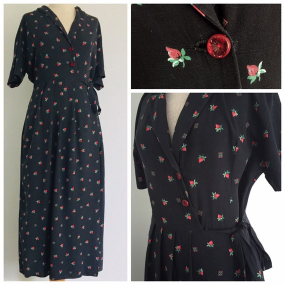 1940s Novelty Print Dress, Strawberry Print, Size