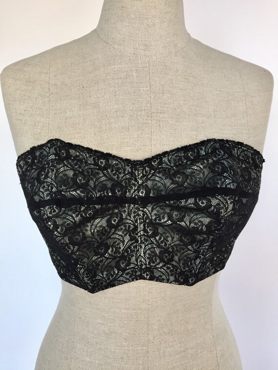 1940s Black Lace Over Blue Strapless Bra, Size 32,