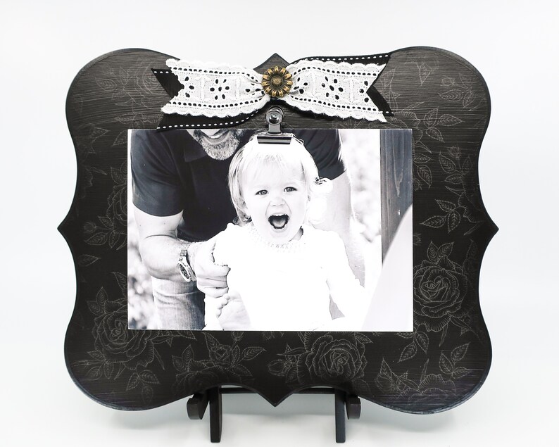 Black and White Fancy Picture Clip Frame for 5x7 Photos, Rose Frame for Prom Engagement or