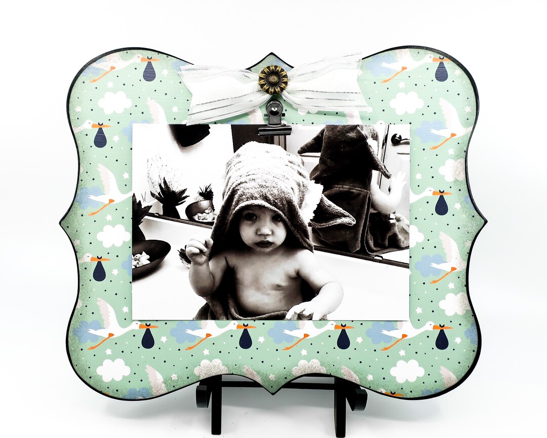 Baby Boy Photo Clip Board Picture Frame for 5x7 Photos, Green Nursery Decor, Baby Shower Frame