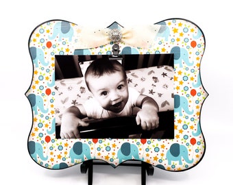 Baby Boy Photo Clip Board Frame With Whimsical Blue Elephants, Circus Picture Frame for 5x7 Photos, Little Boy's Bedroom Decoration
