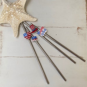 Patriotic Reusable Straw Stainless Steel Metal, Sustainable Eco-friendly Unique Gift for Veteran, 4th of July Party Favor American Flag