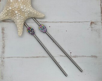 Sugar Skull Reusable Straws Stainless Steel Metal, Dia de los Muertos Party, Unique Gift, Sustainable Eco-friendly Custom Party Favor