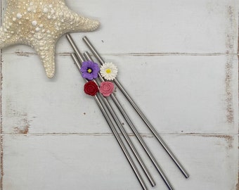 Flower Reusable StrawsStainless Steel Metal, Unique Gift for Flower Lover, Sustainable Eco-friendly Rose Hibiscus Daisy Shower Party Favor