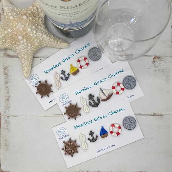 Nautical Wine Charms Magnetic Stemless Glass, Unique Gift for Wine Lover, Boating Nautical Anchor Compass Sail Boat, Party Shower Favor