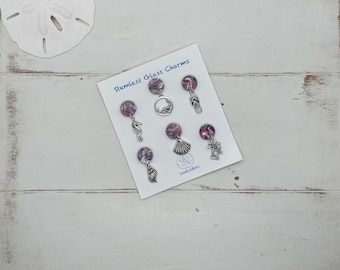Beachy Wine Charms Stemless Glass Magnetic, Unique Gift for Wine Lover Beach Lover, Mermaid  Gift for Girls Trip, Custom Party Shower Favor