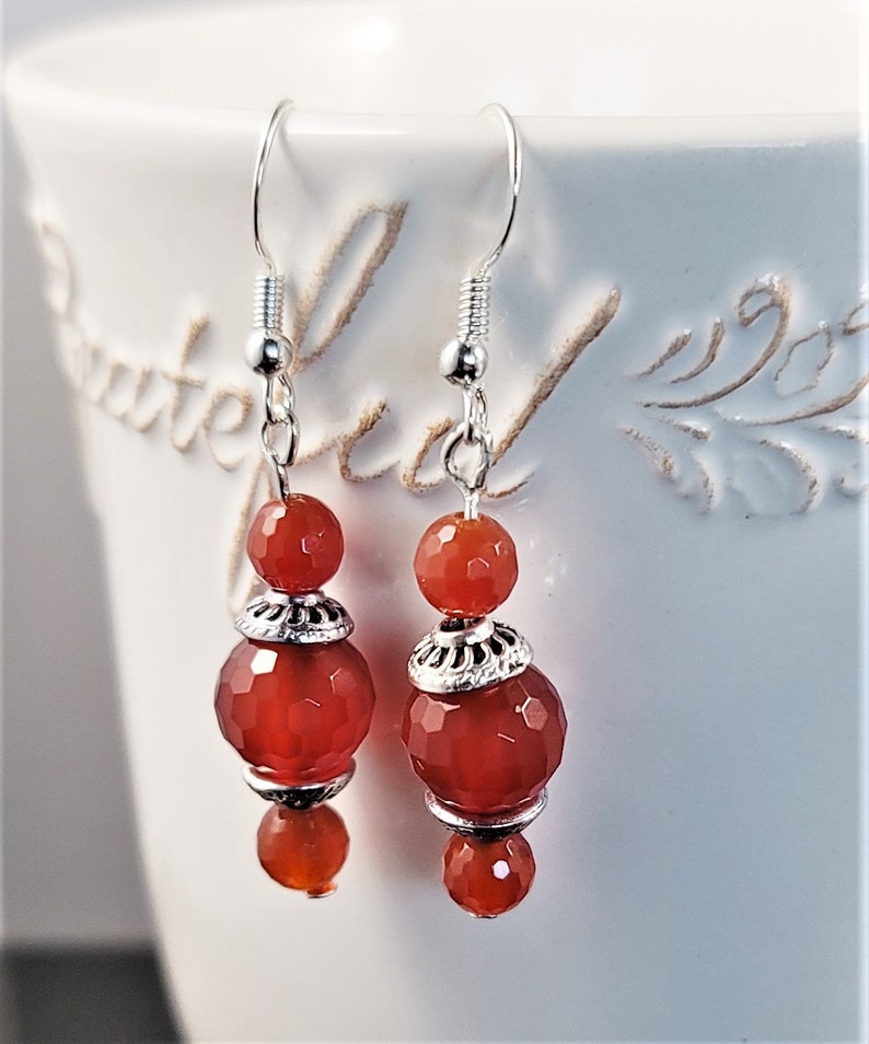 Lucky Energy Stone for Women and Handmade Jewelry Gift for Her Stunning Beaded Jewelry Carnelian Natural Gemstone 3 bead Dangle Earrings