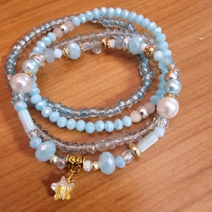 Aqua Crystal Seascape, So pretty! 4 pc bracelet set, art designer bracelet w/pearls, crystal & drop, easy-on fits most, gift for her