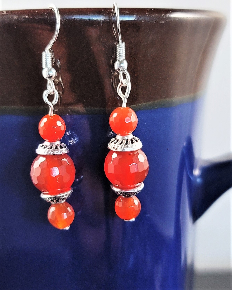 Lucky Energy Stone for Women and Handmade Jewelry Gift for Her Stunning Beaded Jewelry Carnelian Natural Gemstone 3 bead Dangle Earrings