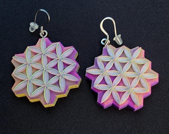 Flower of Life Dangle Earrings| UV-Reactive | Dangly Earrings | Sacred Geometry |
