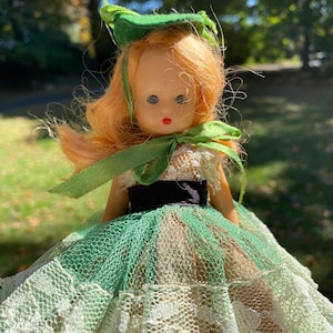 Vintage Nancy Ann Storybook Doll: Green Lace Gown, Movable Joints