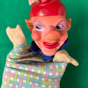 Jester Punch rubberen hoofd handpop jaren 1960 Mid Century speelgoed