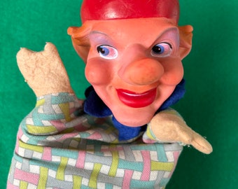 Spaßvogel Punch Gummi Kopf Handpuppe 1960'er Jahre Mid Century Spielzeug