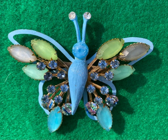 Vintage Selini Blue and Green Butterfly Brooch Pin - image 1