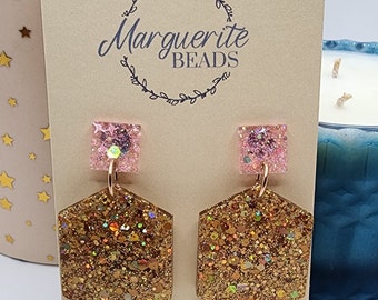 Handmade Pink and Gold Dangle Earrings | Resin Gold Dangles | Dsshandmade